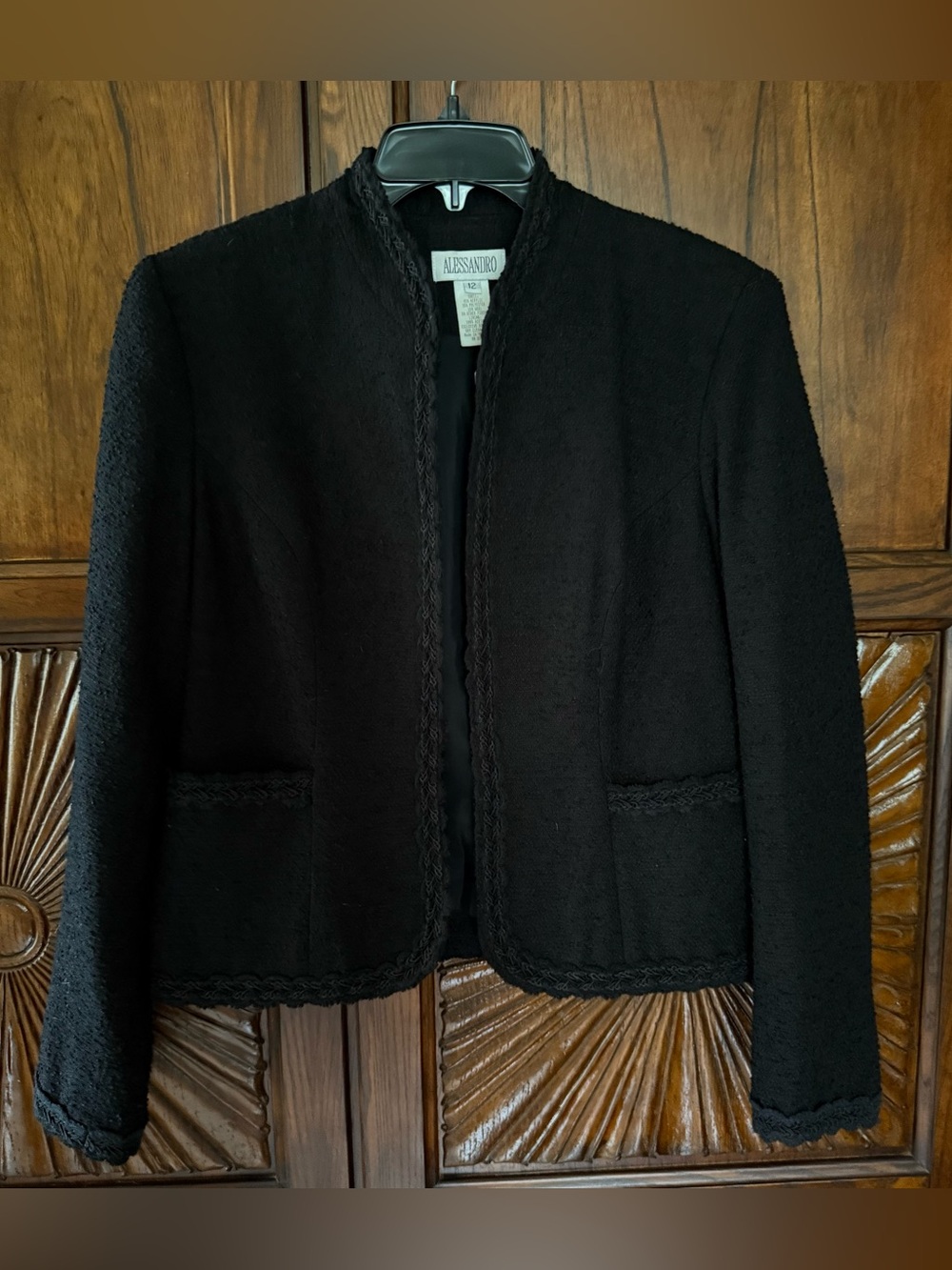 Vintage Alessandro Black Open-Front Textured Braided-Trim Blazer Jacket -Size 12